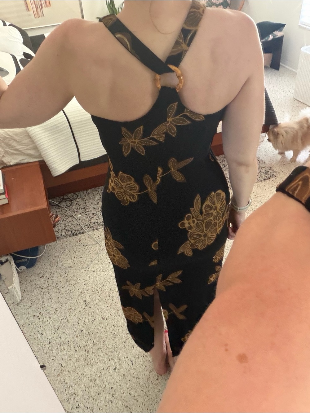 Donna Morgan midi black tan resort dress bamboo embellished back 6